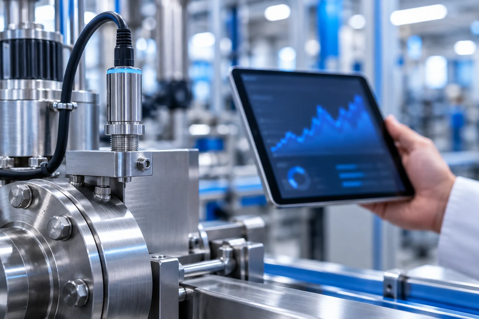 Illustration of an industrial sensor with operational data on a tablet