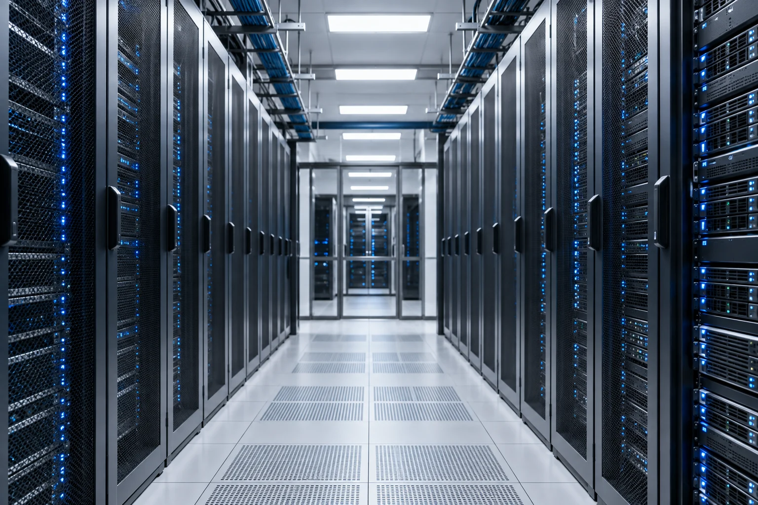 Illustrative organised server room with blue status lights